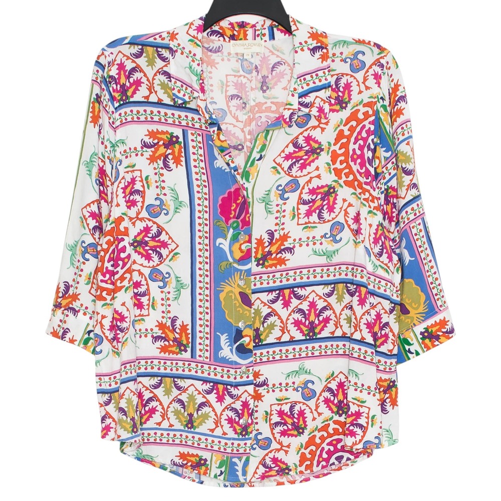 Cynthia Rowley 3/4 Sleeve Button Top Abstract Boho Resort Vacation Plus Size 2X